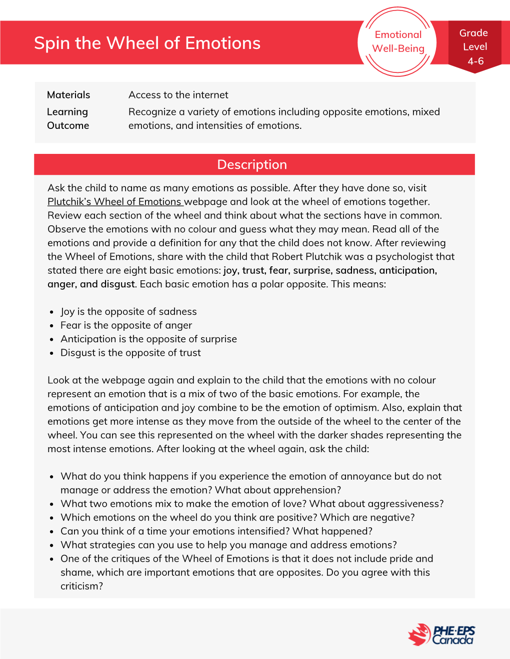 Spin the Wheel of Emotions Well-Being Level 4-6