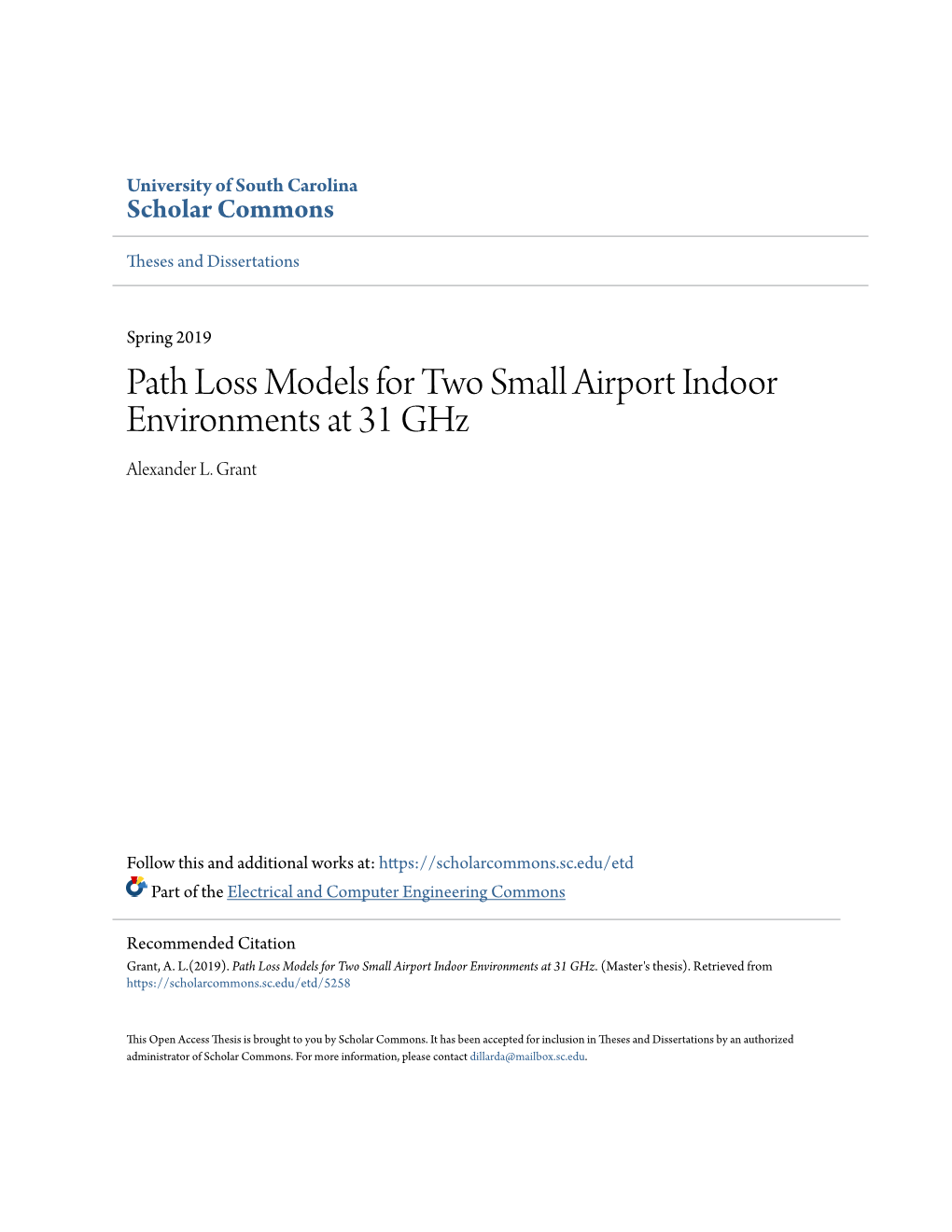 Path Loss Models for Two Small Airport Indoor Environments at 31 Ghz Alexander L