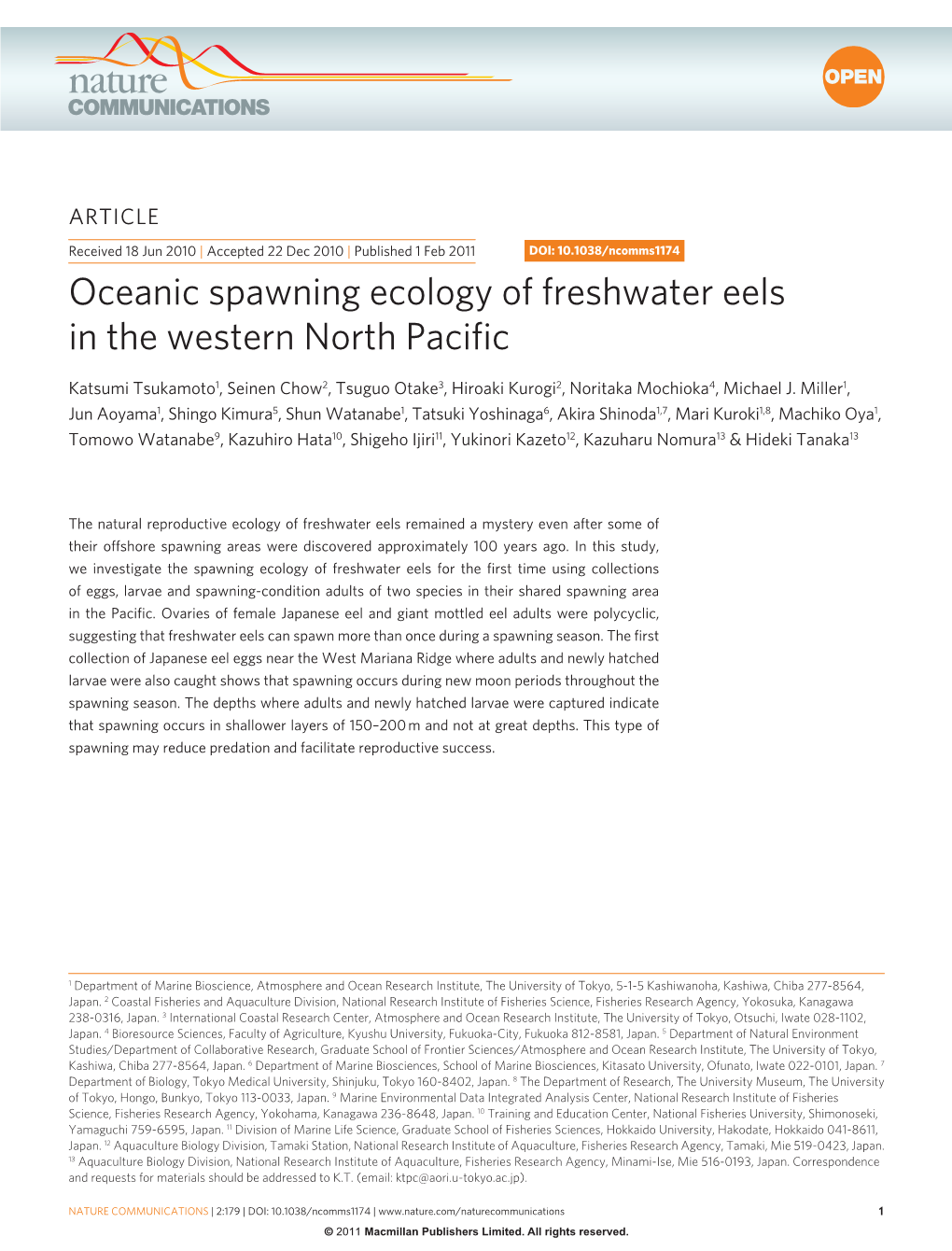 Oceanic Spawning Ecology of Freshwater Eels in the Western North Pacific