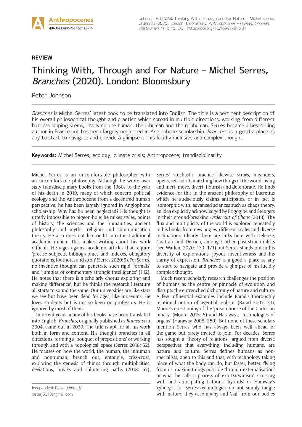 Thinking With, Through and for Nature – Michel Serres, Branches (2020). London: Bloomsbury