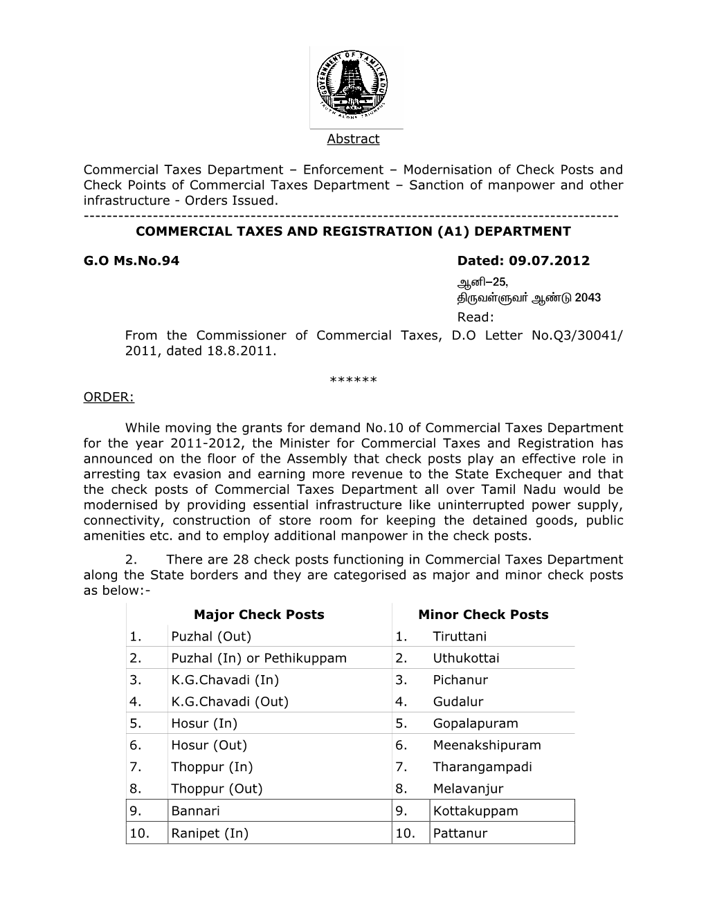 Abstract Commercial Taxes Department – Enforcement