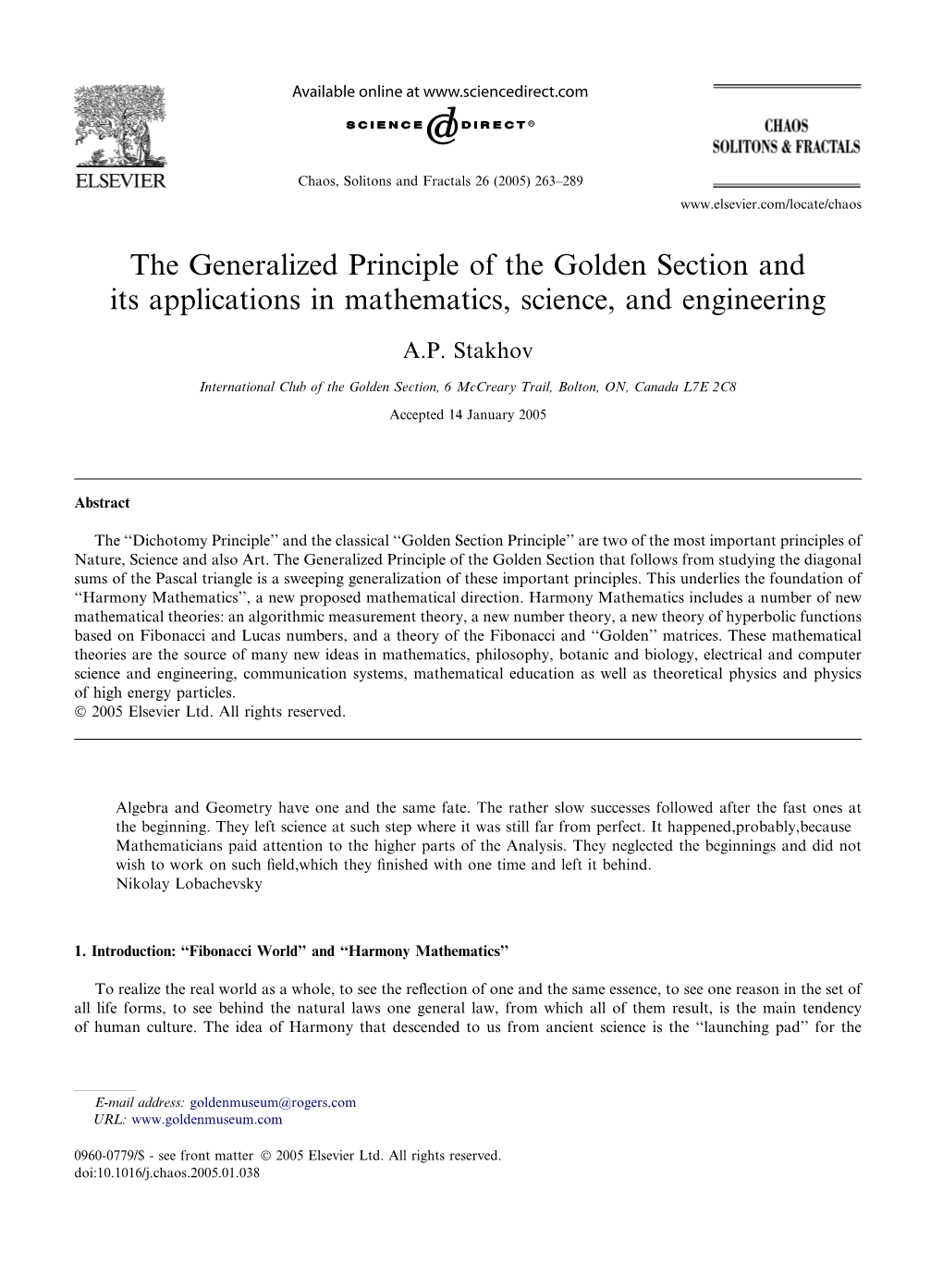 The Generalized Principle of the Golden Section and Its Applications in Mathematics, Science, and Engineering