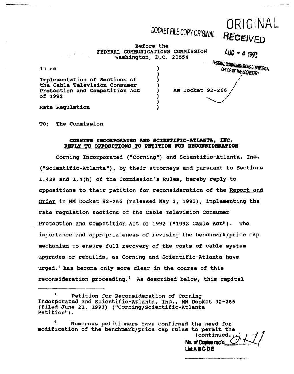 ORIGINAL DOCKETFILE Copy ORIGINAL Reel!IVED Before the FEDERAL COMMUNICATIONS COMMISSION Washington, D.C