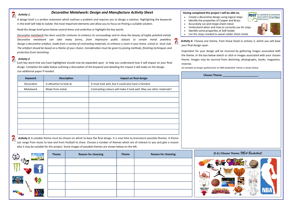 Decorative Metalwork: Design and Manufacture Activity Sheet Having Completed This Project I Will Be Able To; Activity 1