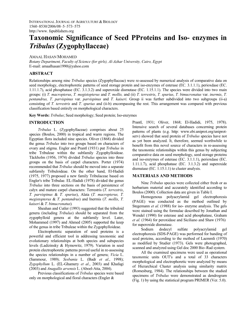 Taxonomic Significance of Seed Pproteins and Iso- Enzymes in Tribulus (Zygophyllaceae)