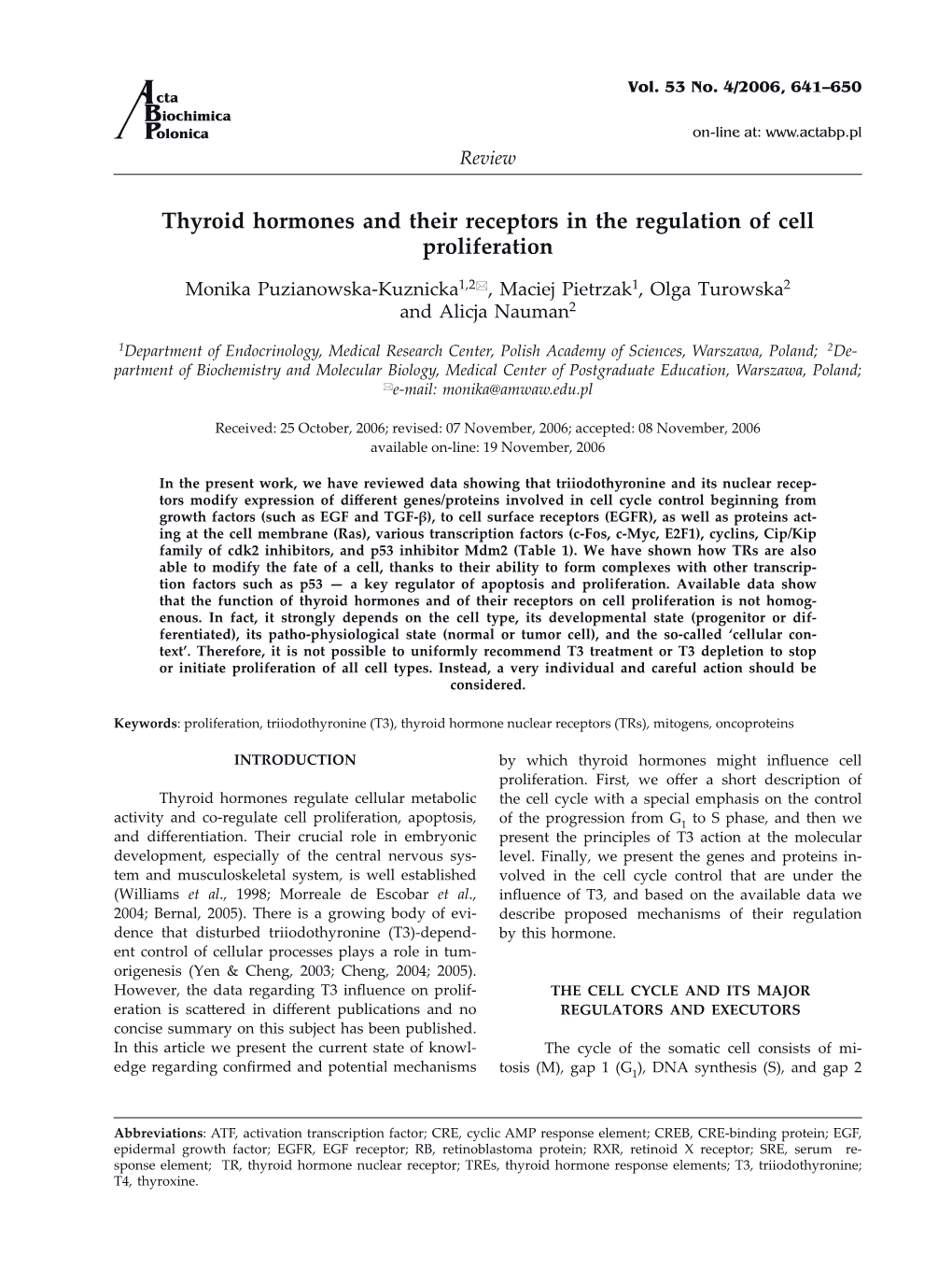 Thyroid Hormones and Their Receptors in the Regulation of Cell Proliferation