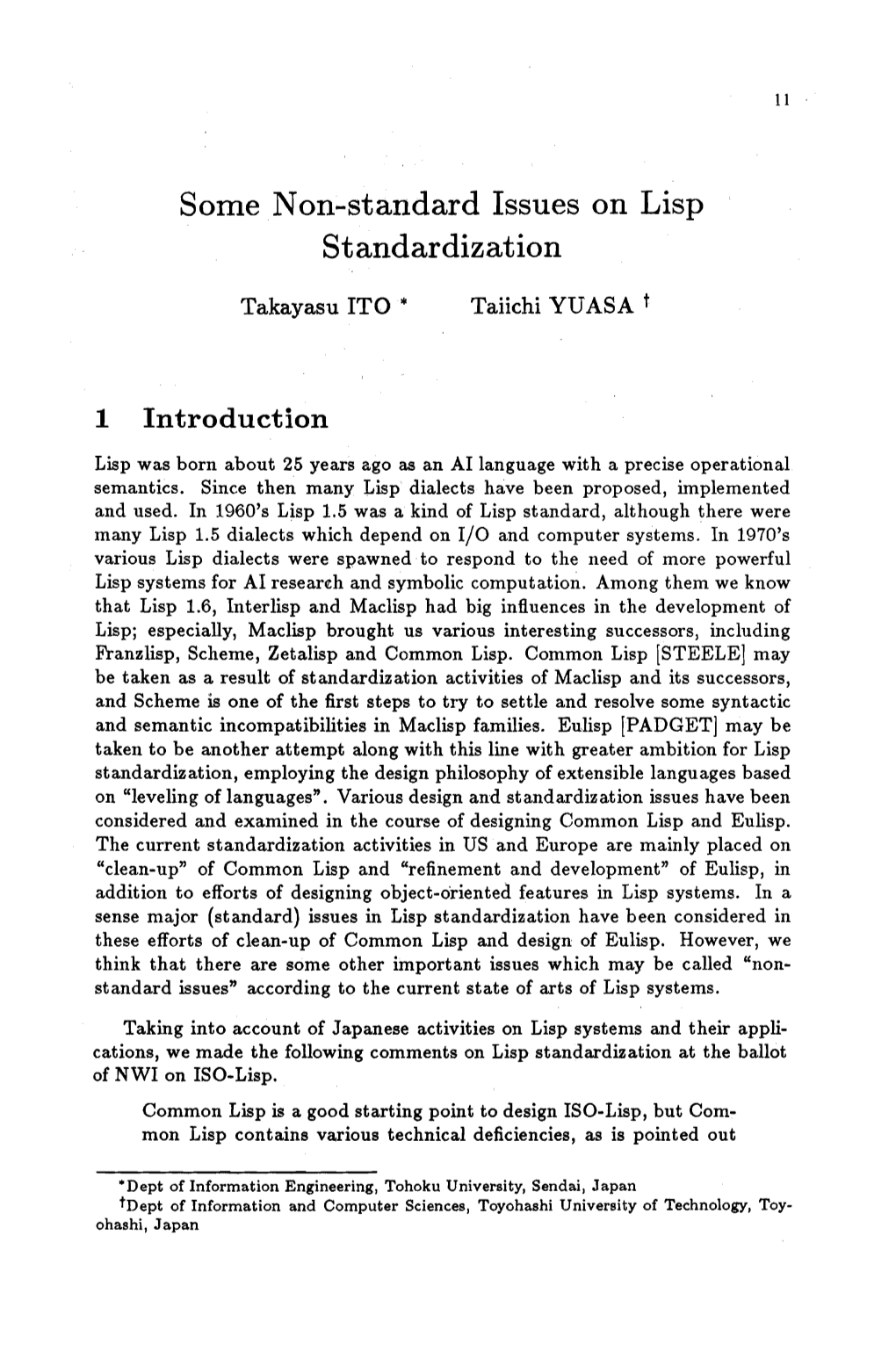 Some Non-Standard Issues on Lisp Standardization