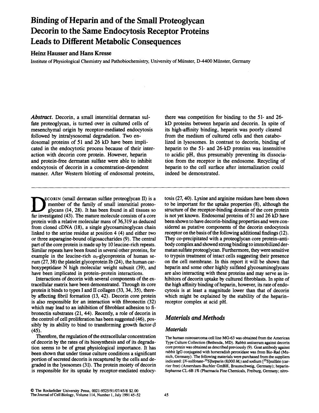 Binding of Heparin and of the Small Proteoglycan Decorin to the Same