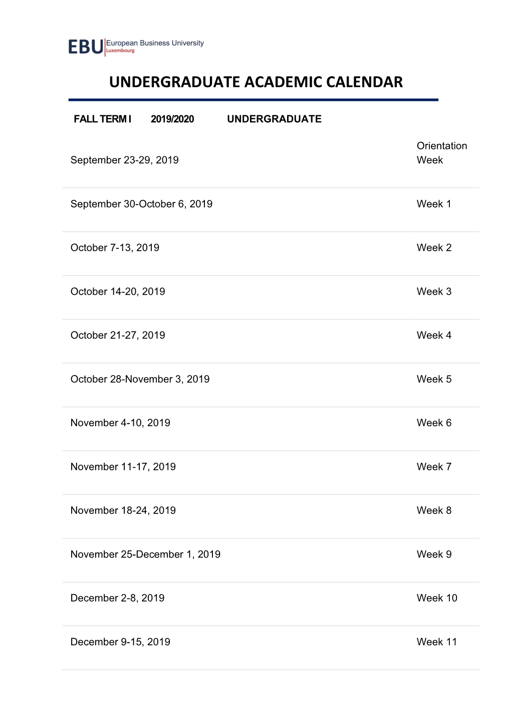 Undergraduate Academic Calendar