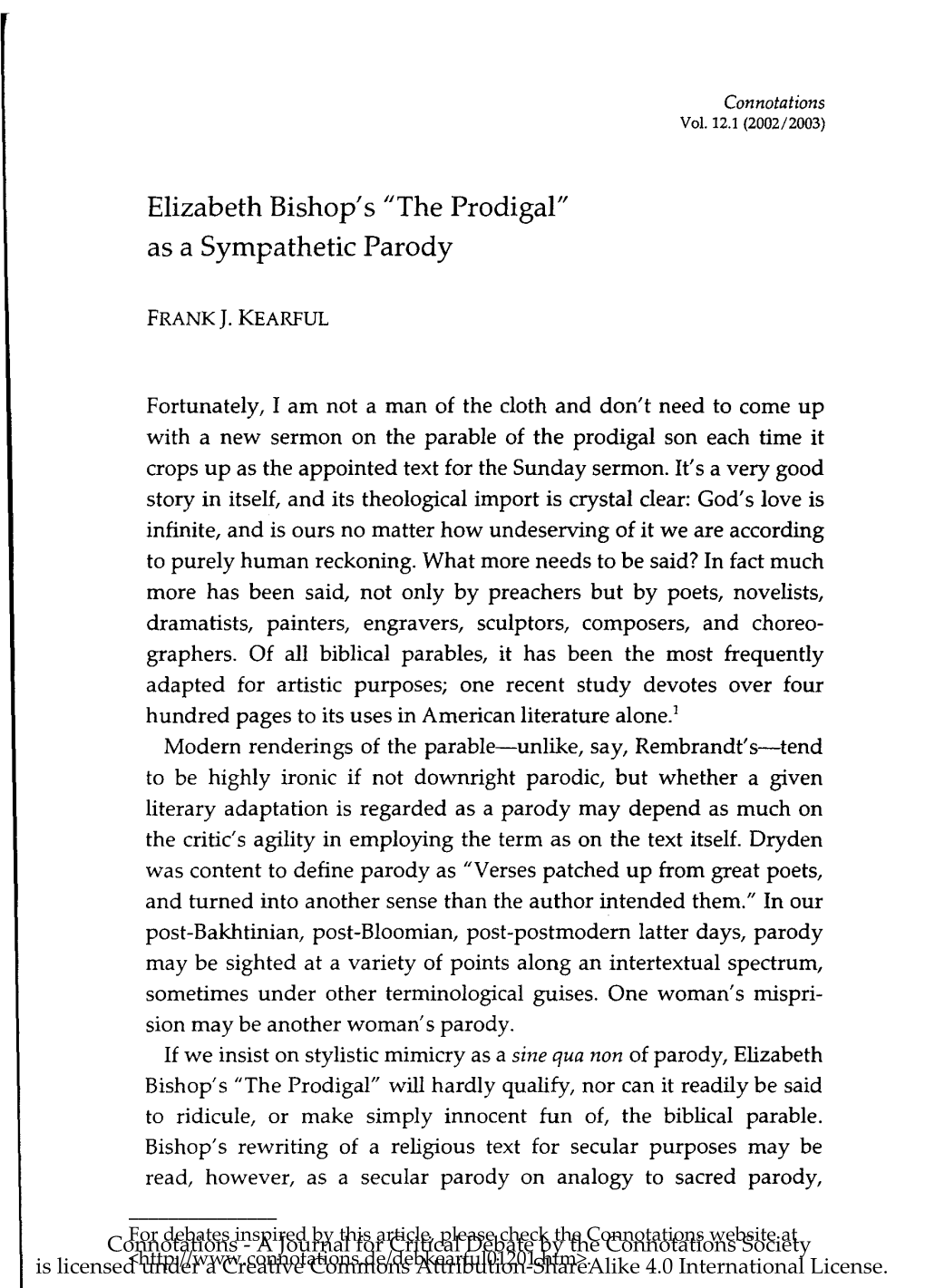 Elizabeth Bishop's "The Prodigal" As a Sympathetic Parody