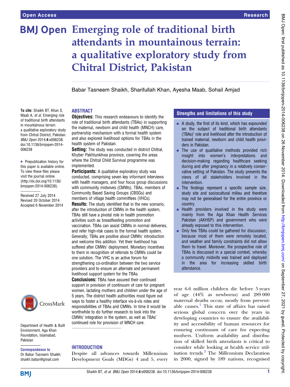 Emerging Role of Traditional Birth Attendants in Mountainous Terrain: a Qualitative Exploratory Study from Chitral District, Pakistan