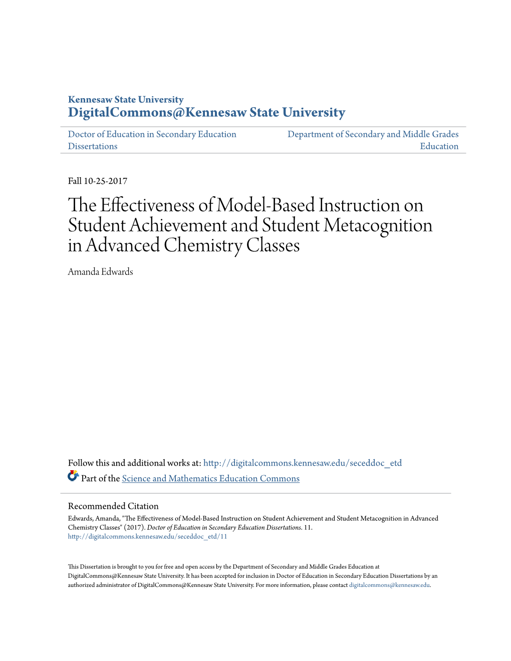 The Effectiveness of Model-Based Instruction on Student Achievement and Student Metacognition in Advanced Chemistry Classes