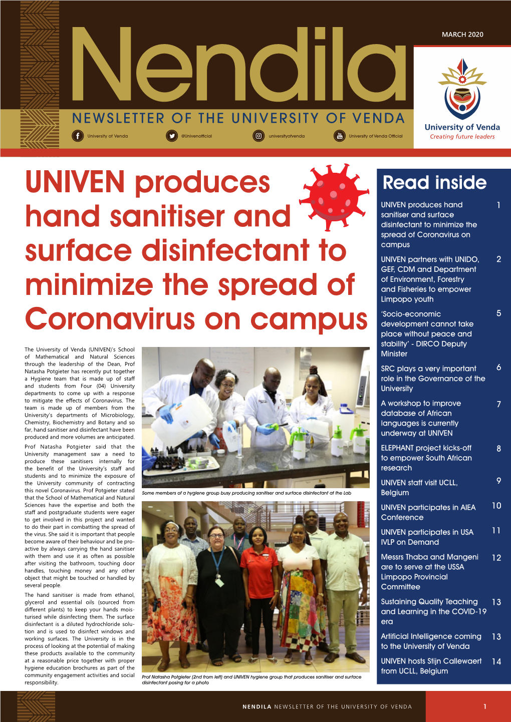 UNIVEN Produces Hand Sanitiser and Surface Disinfectant to Minimize the Spread of Coronavirus on Campus