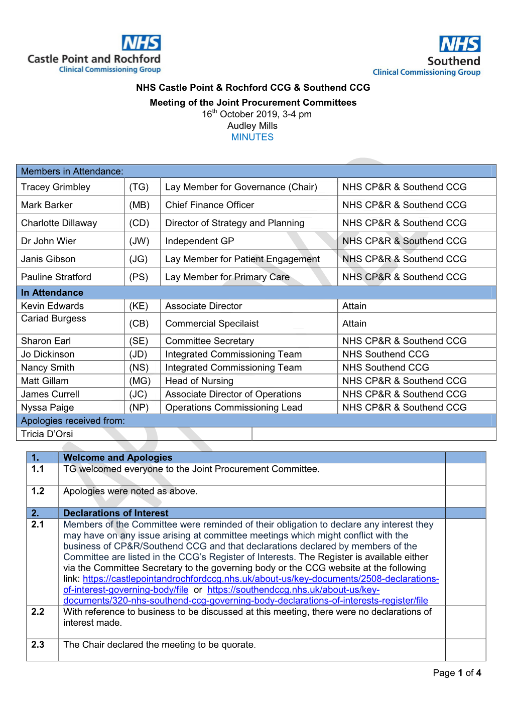 Page 1 of 4 NHS Castle Point & Rochford CCG & Southend CCG Meeting of the Joint Procurement Committees 16Th October