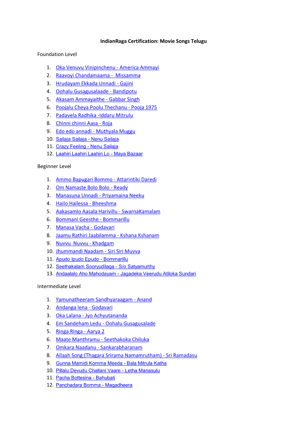 Indianraga Certification: Movie Songs Telugu Foundation Level 1. Oka Venuvu Vinipinchenu