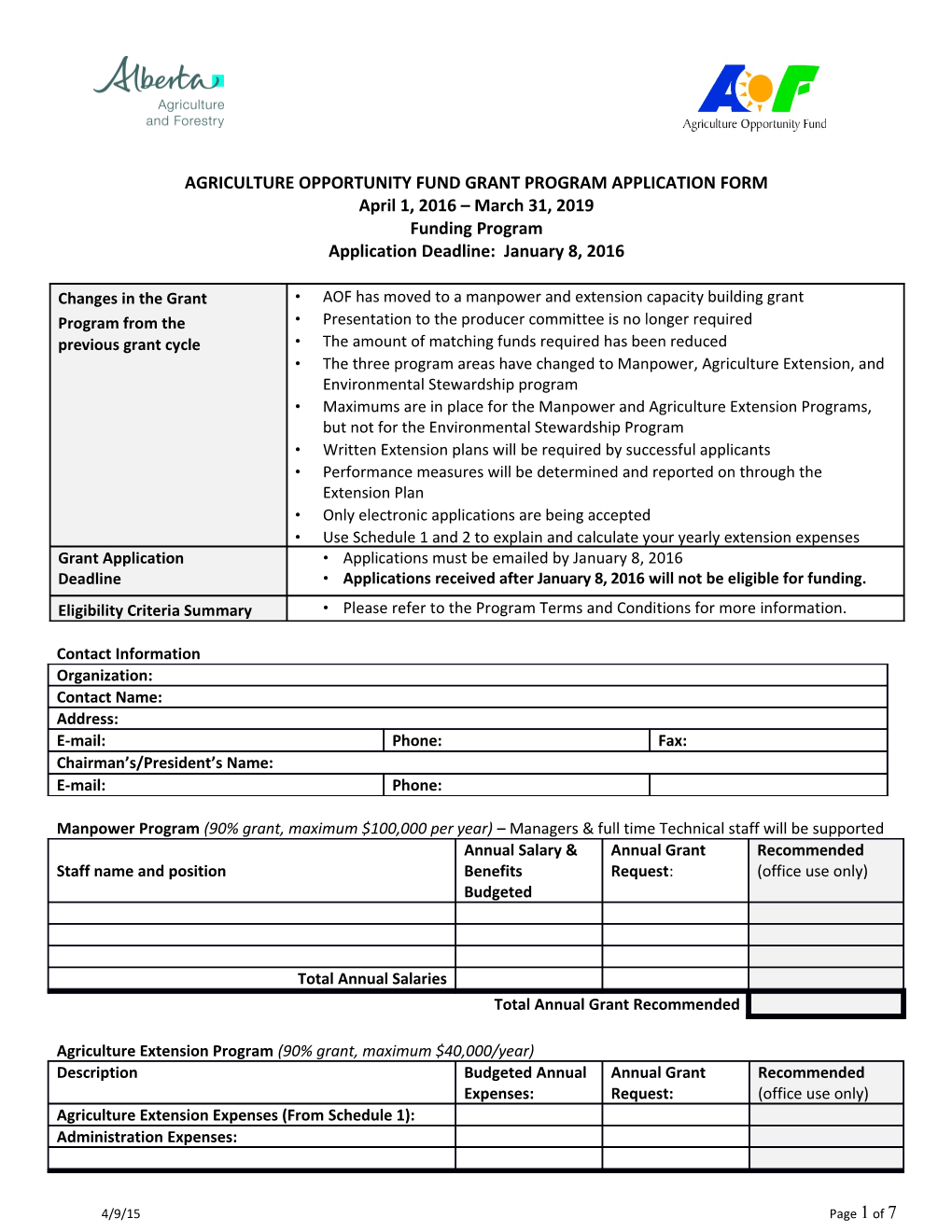 Agriculture Opportunity Fund Grant Program Application Form
