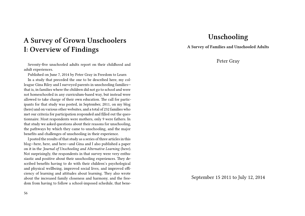 A Survey of Grown Unschoolers I: Overview of Findings 56 Survey Method for Our Study of Grown Unschoolers