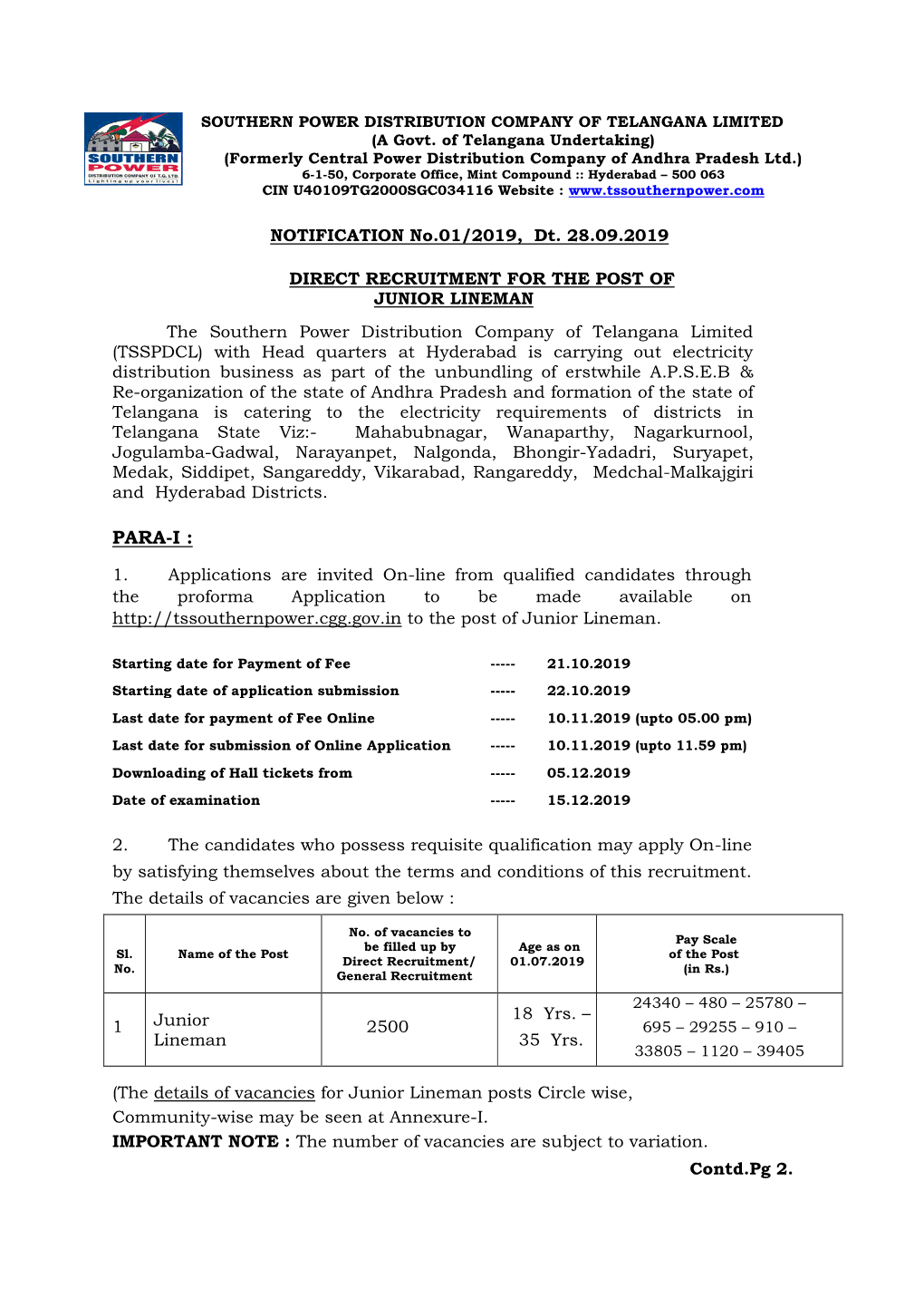 Detailed Notification for the Post of Junior Lineman