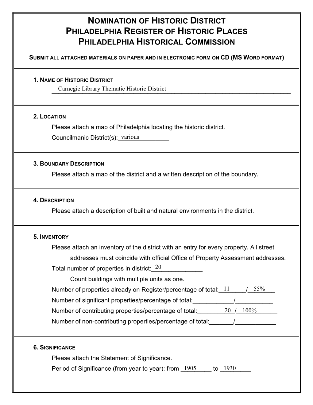 Nomination of Historic District Philadelphia Register of Historic Places Philadelphia Historical Commission