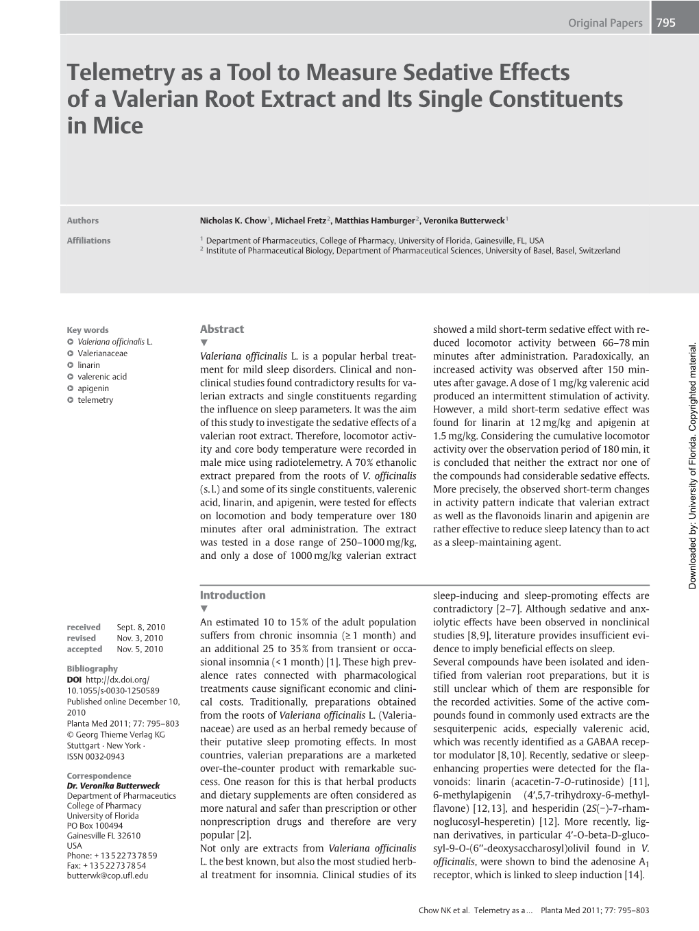 Telemetry As a Tool to Measure Sedative Effects of a Valerian Root Extract and Its Single Constituents in Mice