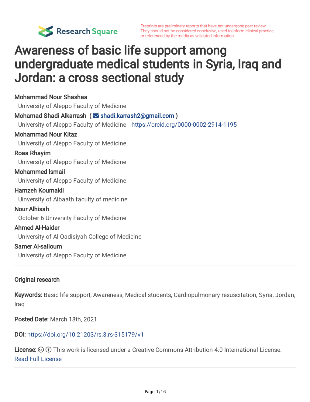 Awareness of Basic Life Support Among Undergraduate Medical Students in Syria, Iraq and Jordan: a Cross Sectional Study