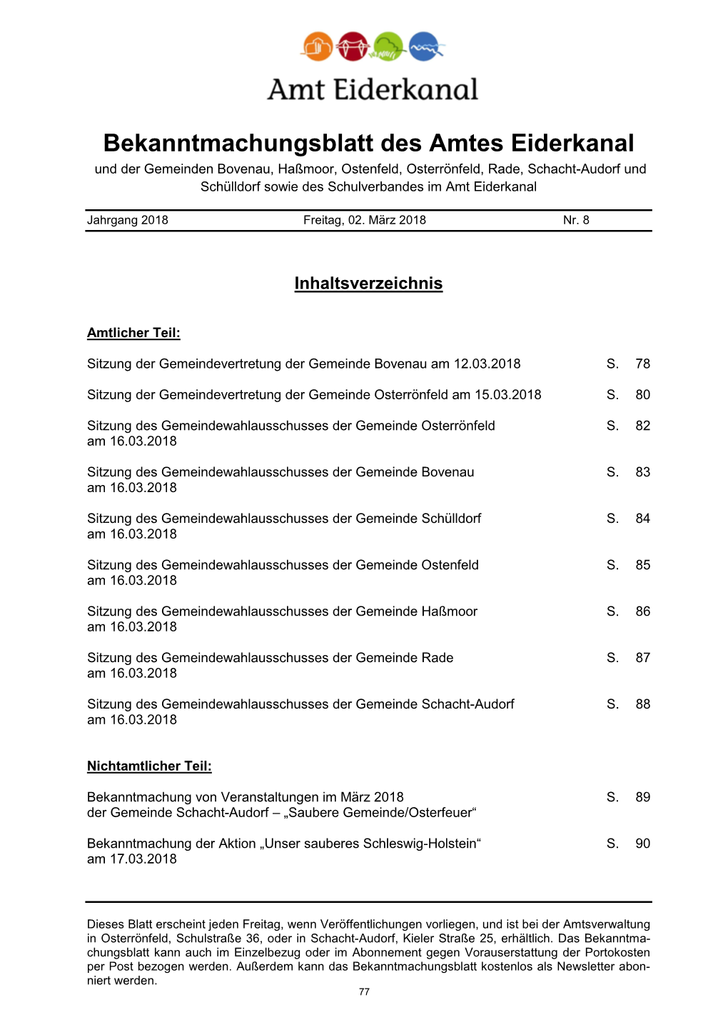 Bekanntmachungsblatt Des Amtes Eiderkanal