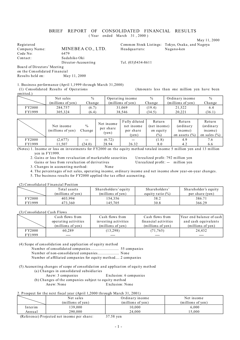 Brief Report of Consolidated Financial Results Minebea