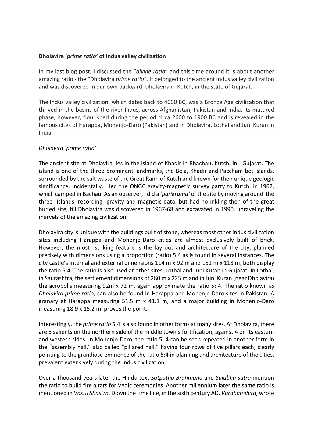 Dholavira 'Prime-Ratio' of Indus Valley Civilization