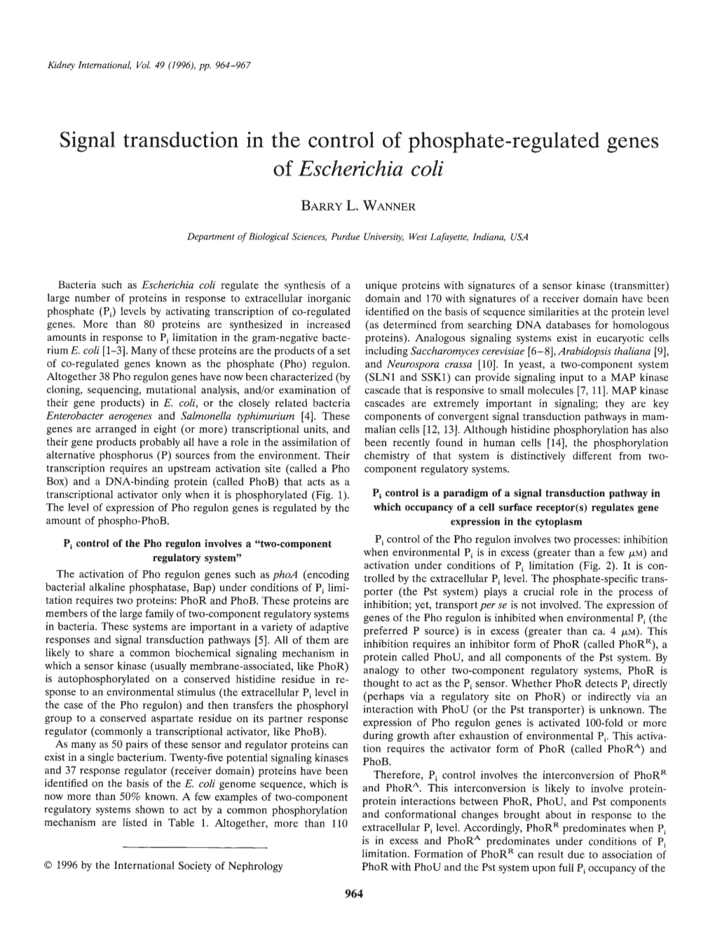 Signal Transduction in the Control of Phosphate-Regulated Genes of Escherichia Coli