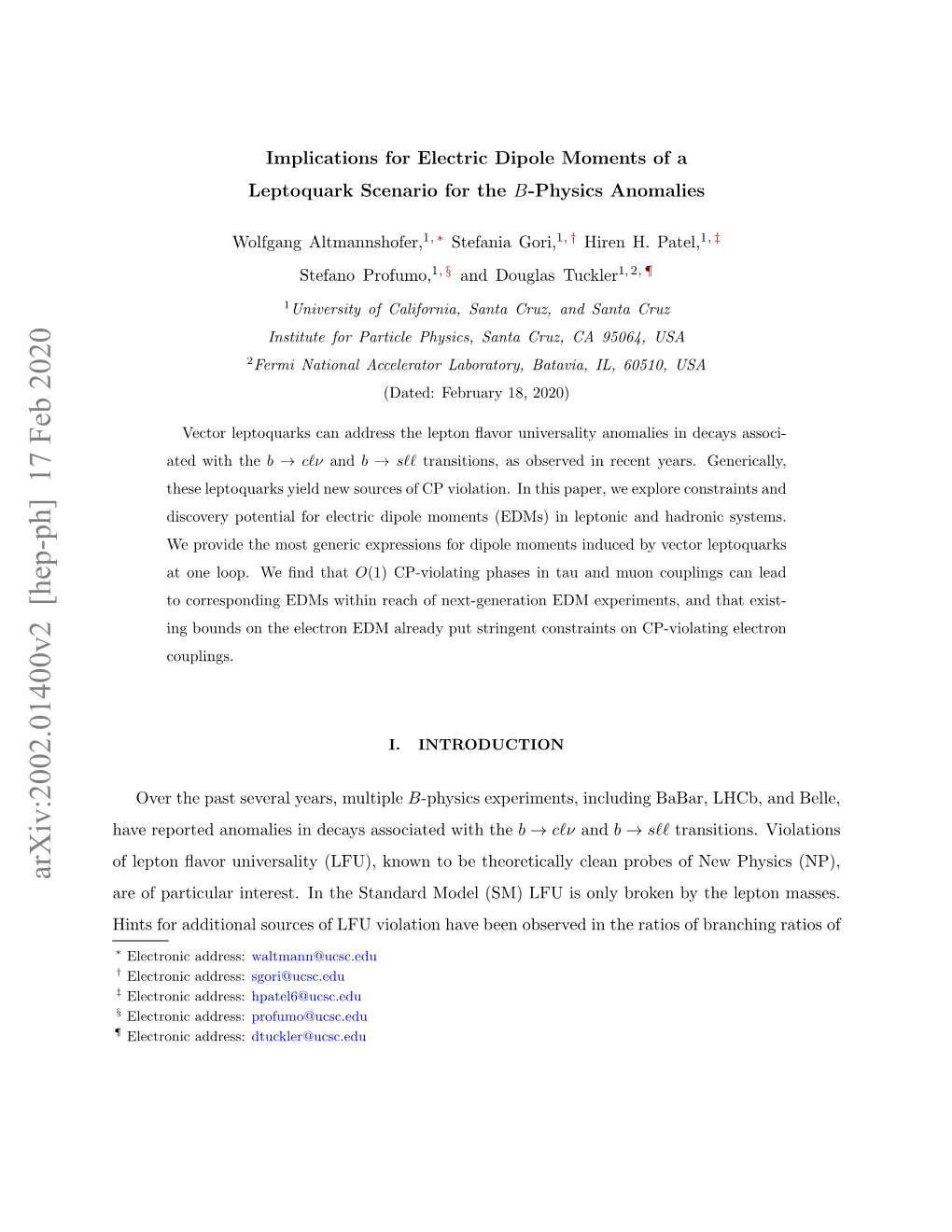 Arxiv:2002.01400V2 [Hep-Ph] 17 Feb 2020 Are of Particular Interest