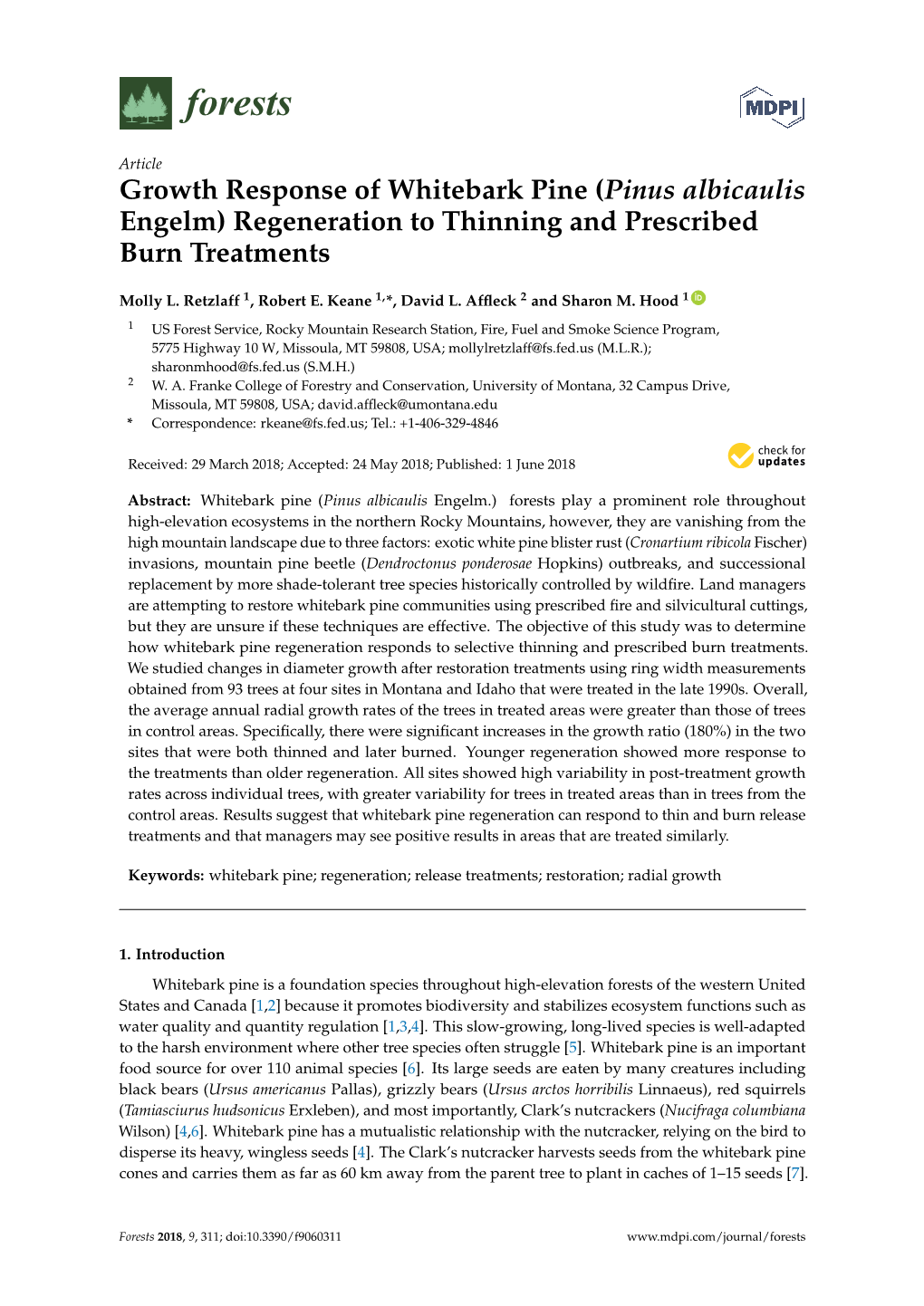 Growth Response of Whitebark Pine (Pinus Albicaulis Engelm) Regeneration to Thinning and Prescribed Burn Treatments