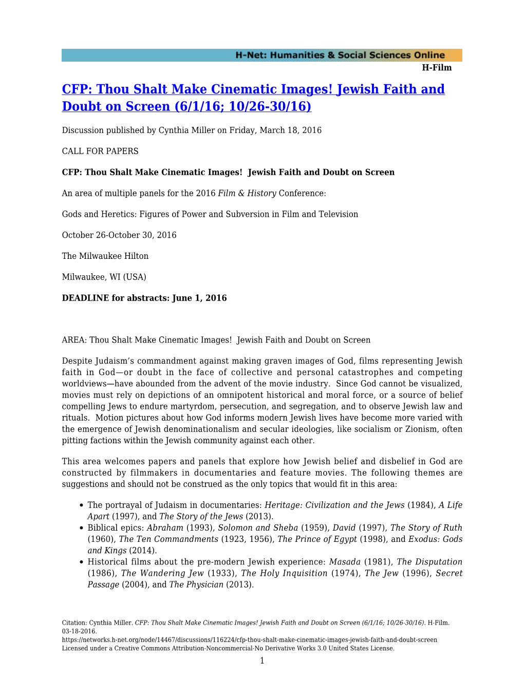 CFP: Thou Shalt Make Cinematic Images! Jewish Faith and Doubt on Screen (6/1/16; 10/26-30/16)