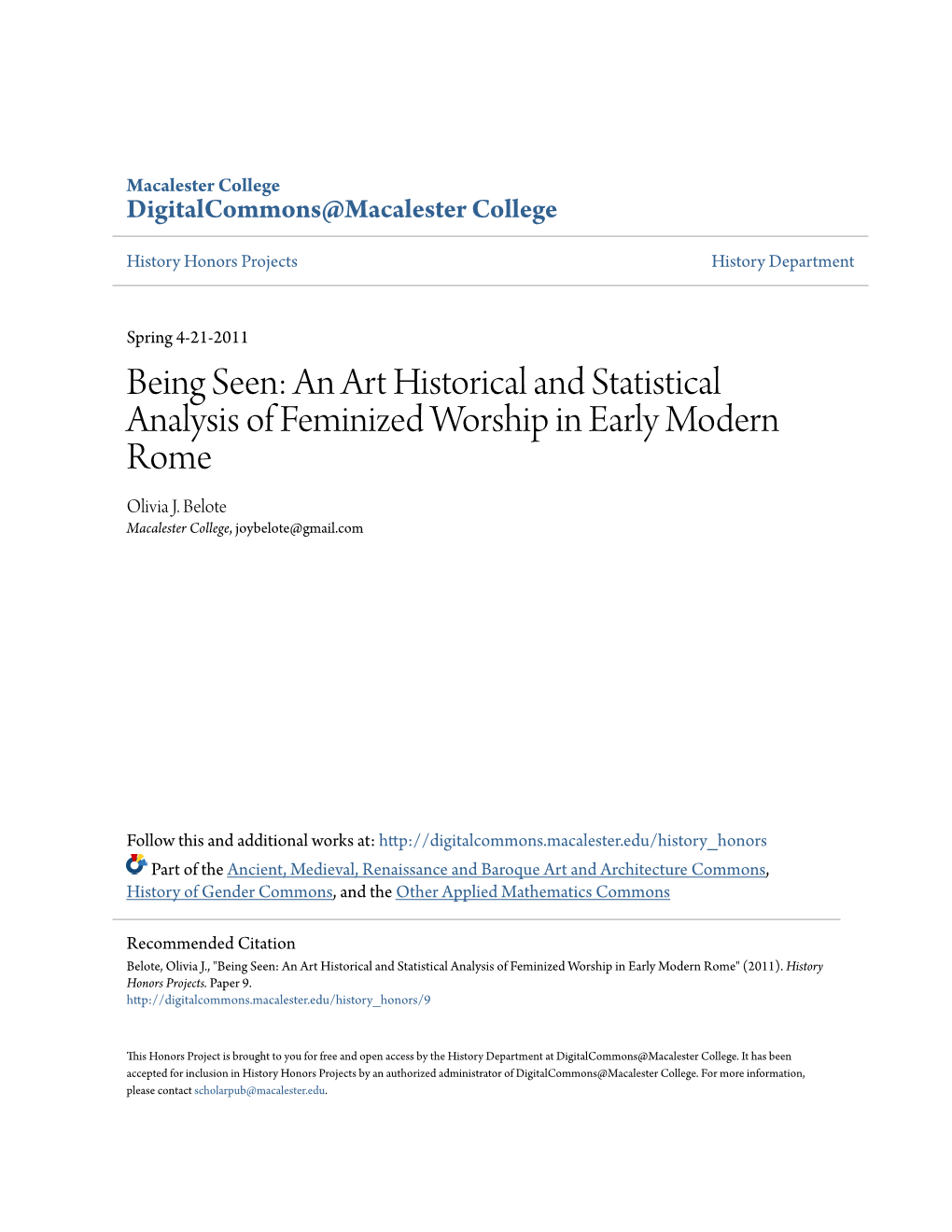 Being Seen: an Art Historical and Statistical Analysis of Feminized Worship in Early Modern Rome Olivia J