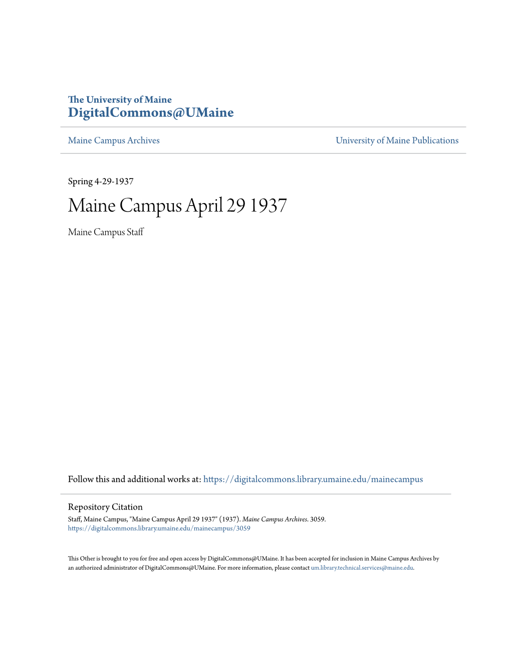 Maine Campus April 29 1937 Maine Campus Staff