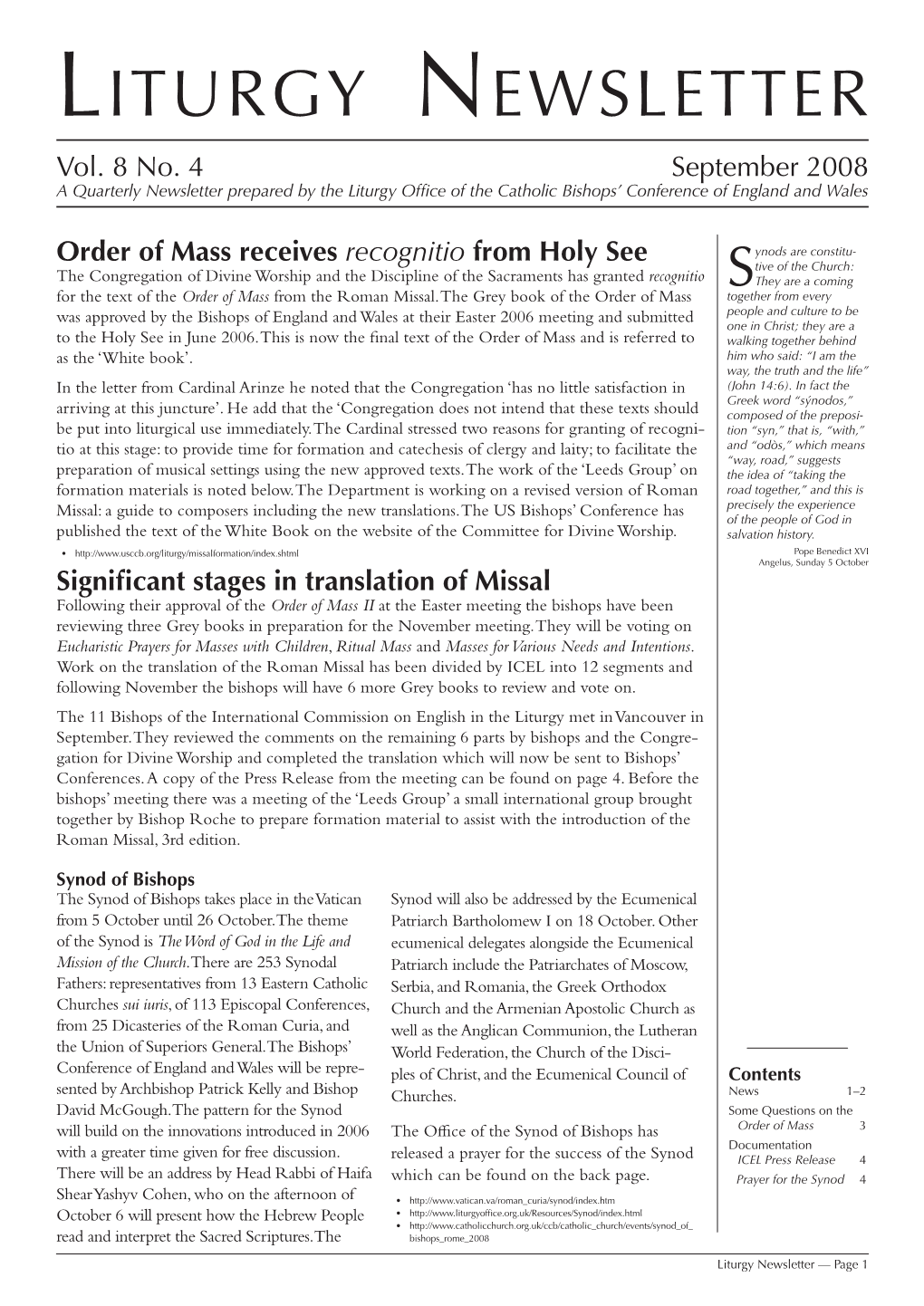 Liturgy Newsletter — Page 1 Coming Events Motu Proprio - 1 Year on to Be Enriched