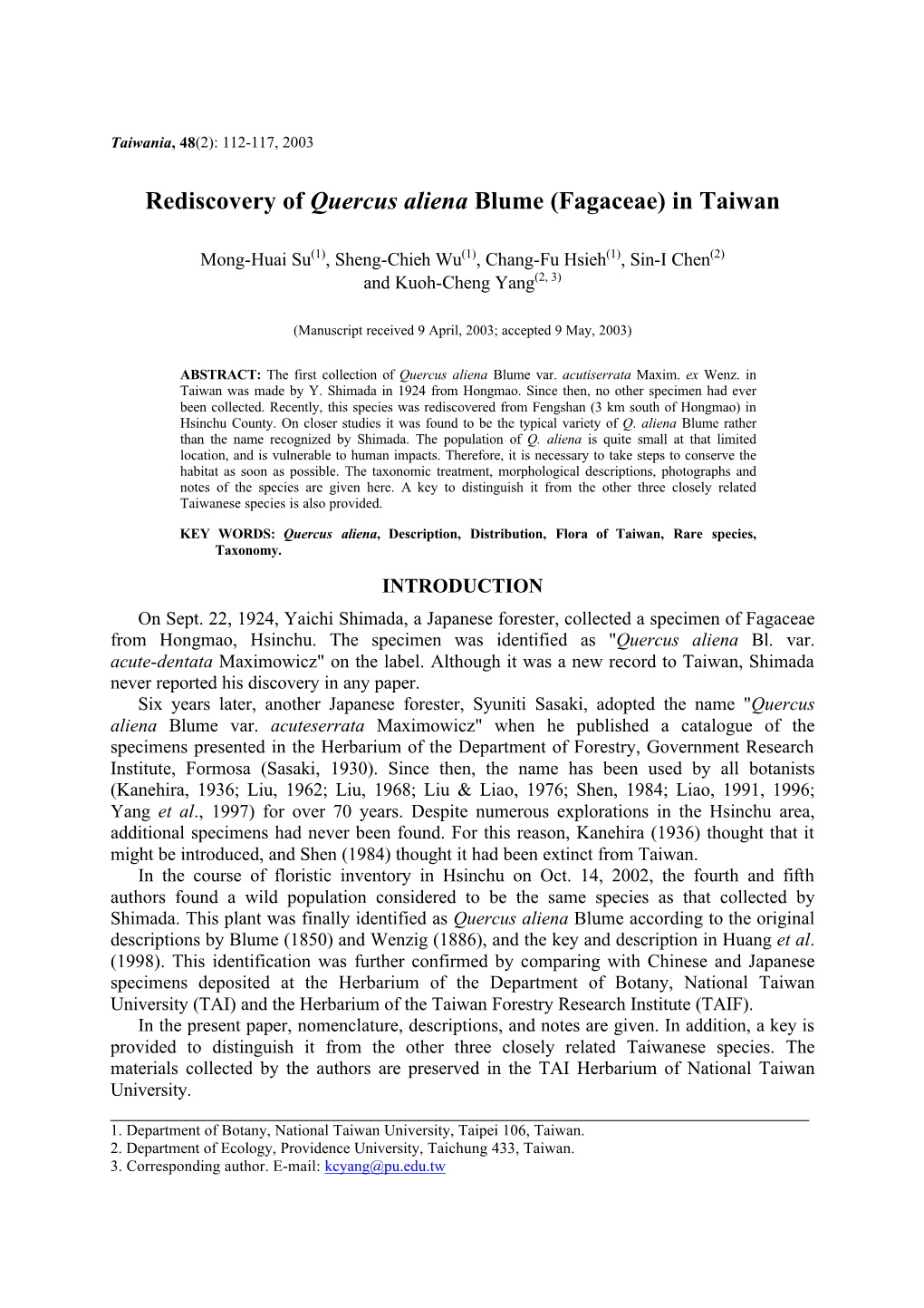 Rediscovery of Quercus Aliena Blume (Fagaceae) in Taiwan