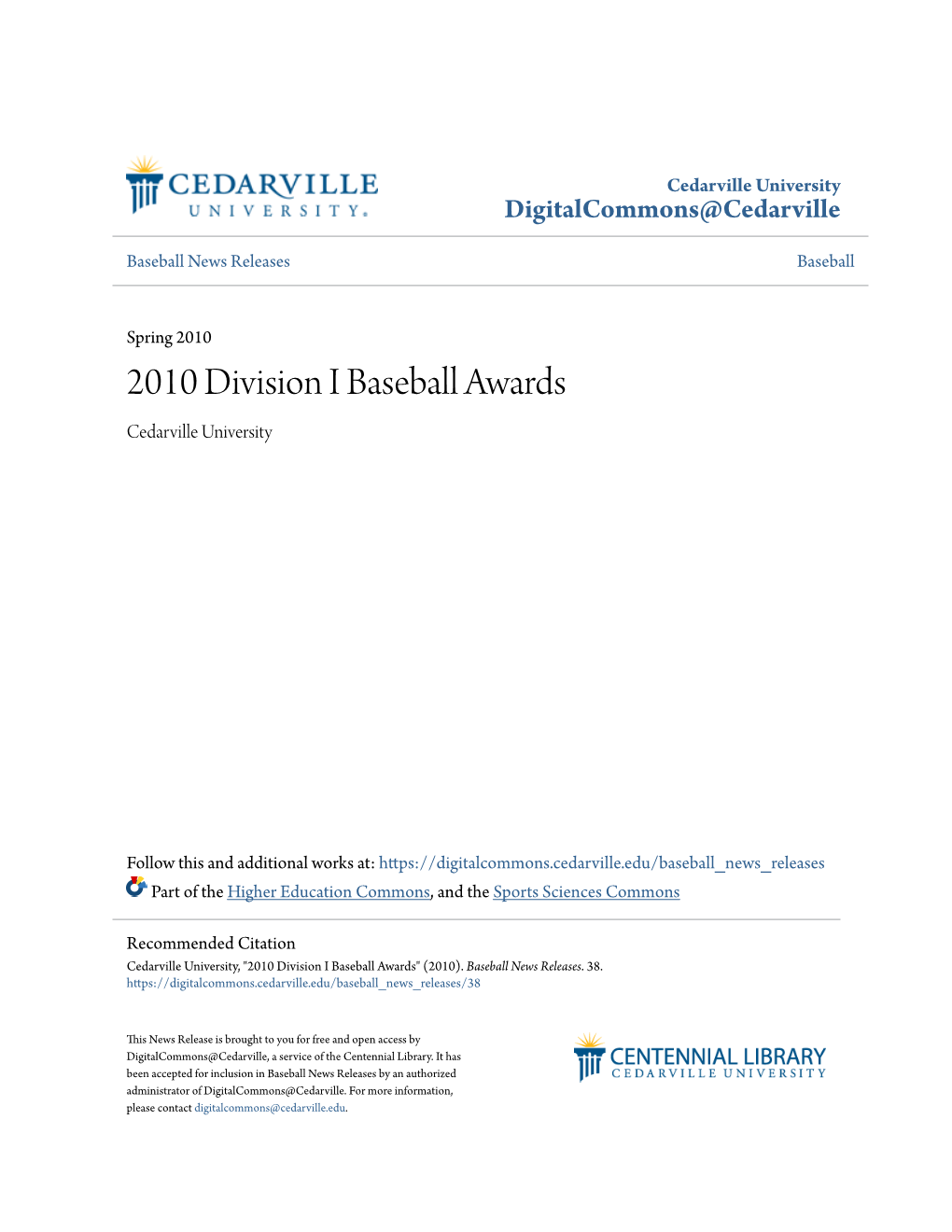 2010 Division I Baseball Awards Cedarville University