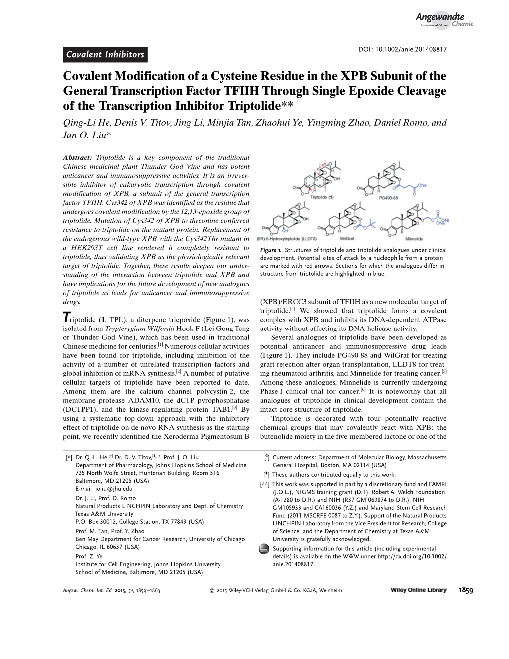 Covalent Modification of a Cysteine Residue in the XPB Subunit of The