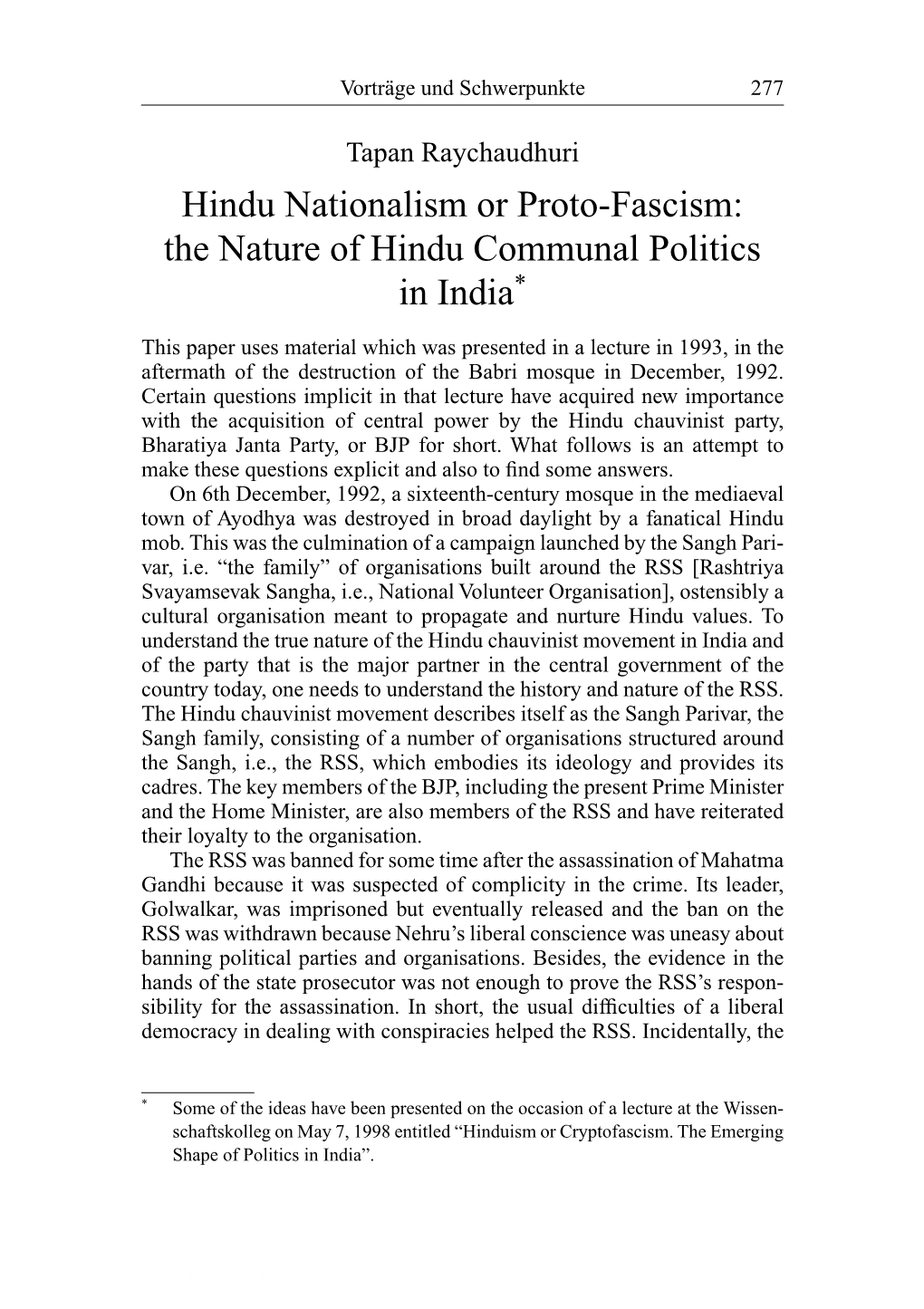 Hindu Nationalism Or Proto-Fascism: the Nature of Hindu Communal Politics in India*