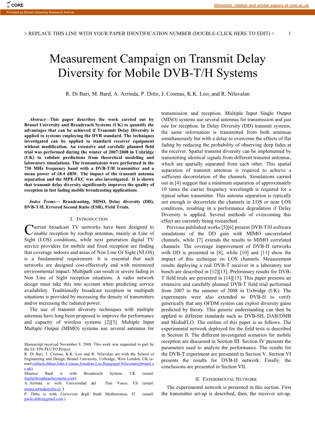Measurement Campaign on Transmit Delay Diversity for Mobile DVB-T/H Systems