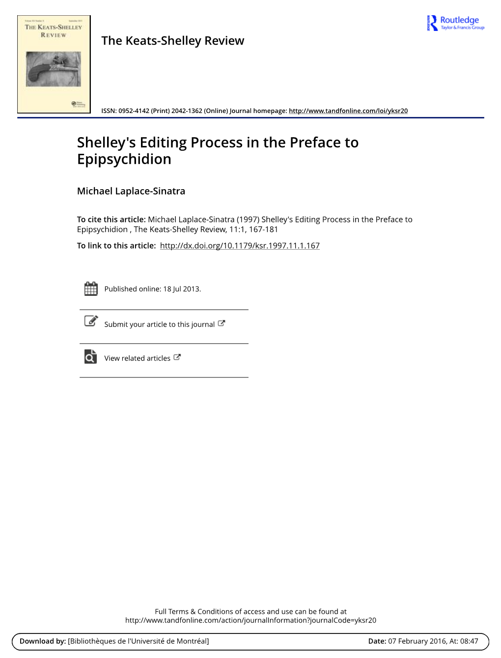 Shelley's Editing Process in the Preface to <I>Epipsychidion</I>