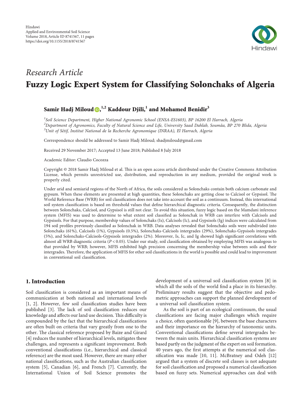 Fuzzy Logic Expert System for Classifying Solonchaks of Algeria