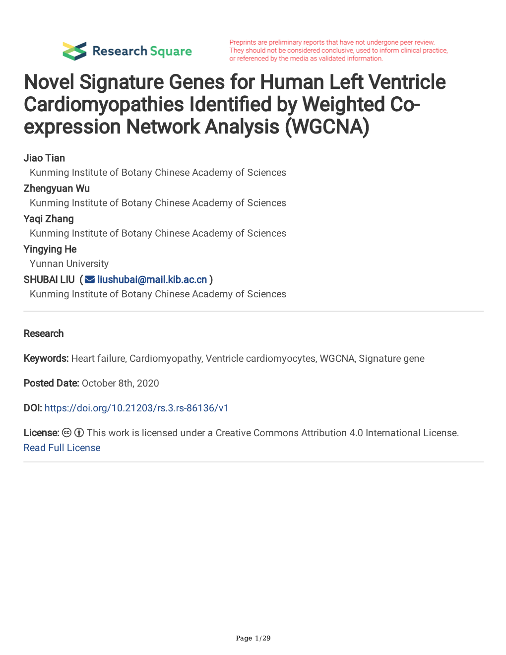 Novel Signature Genes for Human Left Ventricle Cardiomyopathies Identifed by Weighted Co- Expression Network Analysis (WGCNA)