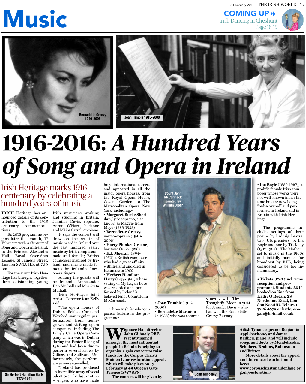 1916-2016: a Hundred Years of Song and Opera in Ireland