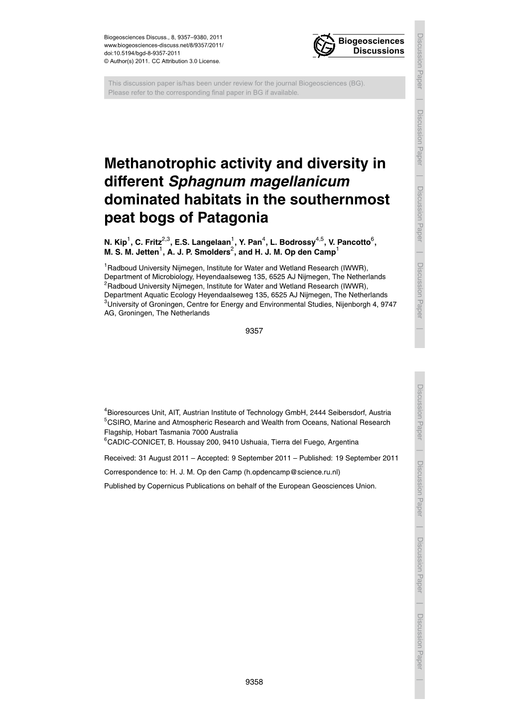 Methanotrophic Activity and Diversity in Different Sphagnum Magellanicum Dominated Habitats in the Southernmost Peat Bogs Of