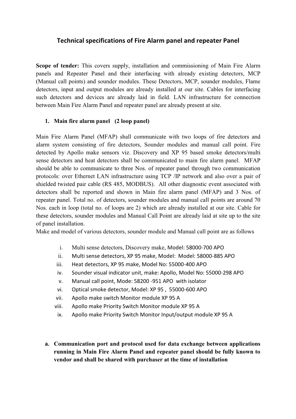 Technical Specifications of Fire Alarm Panel and Repeater Panel