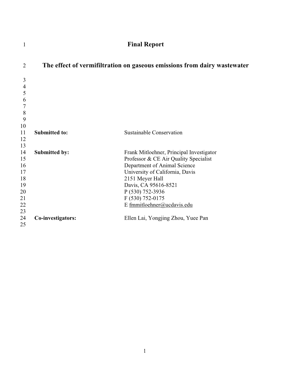 Final Report the Effect of Vermifiltration on Gaseous