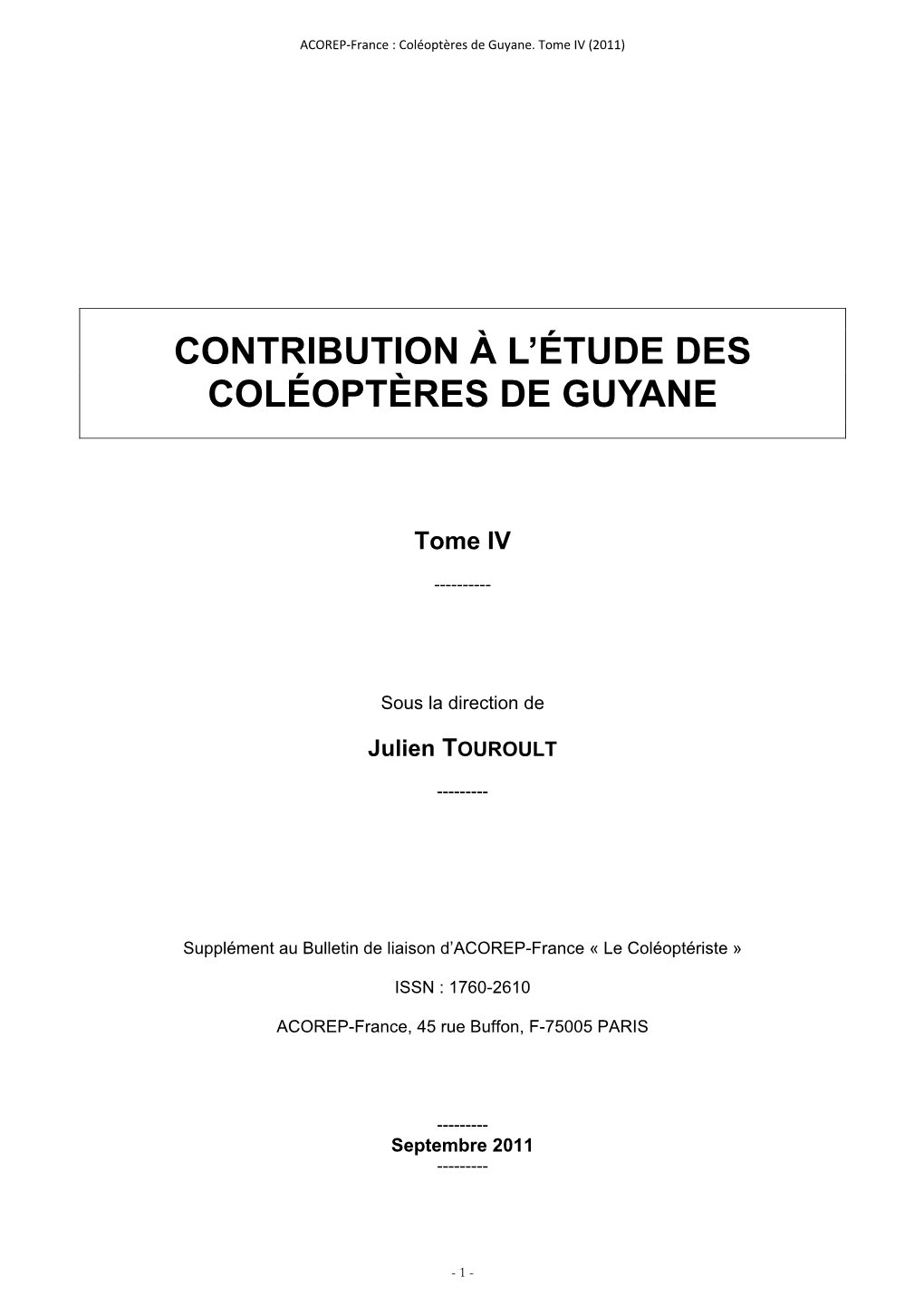 Contribution À L'étude Des Coléoptères De Guyane, 2