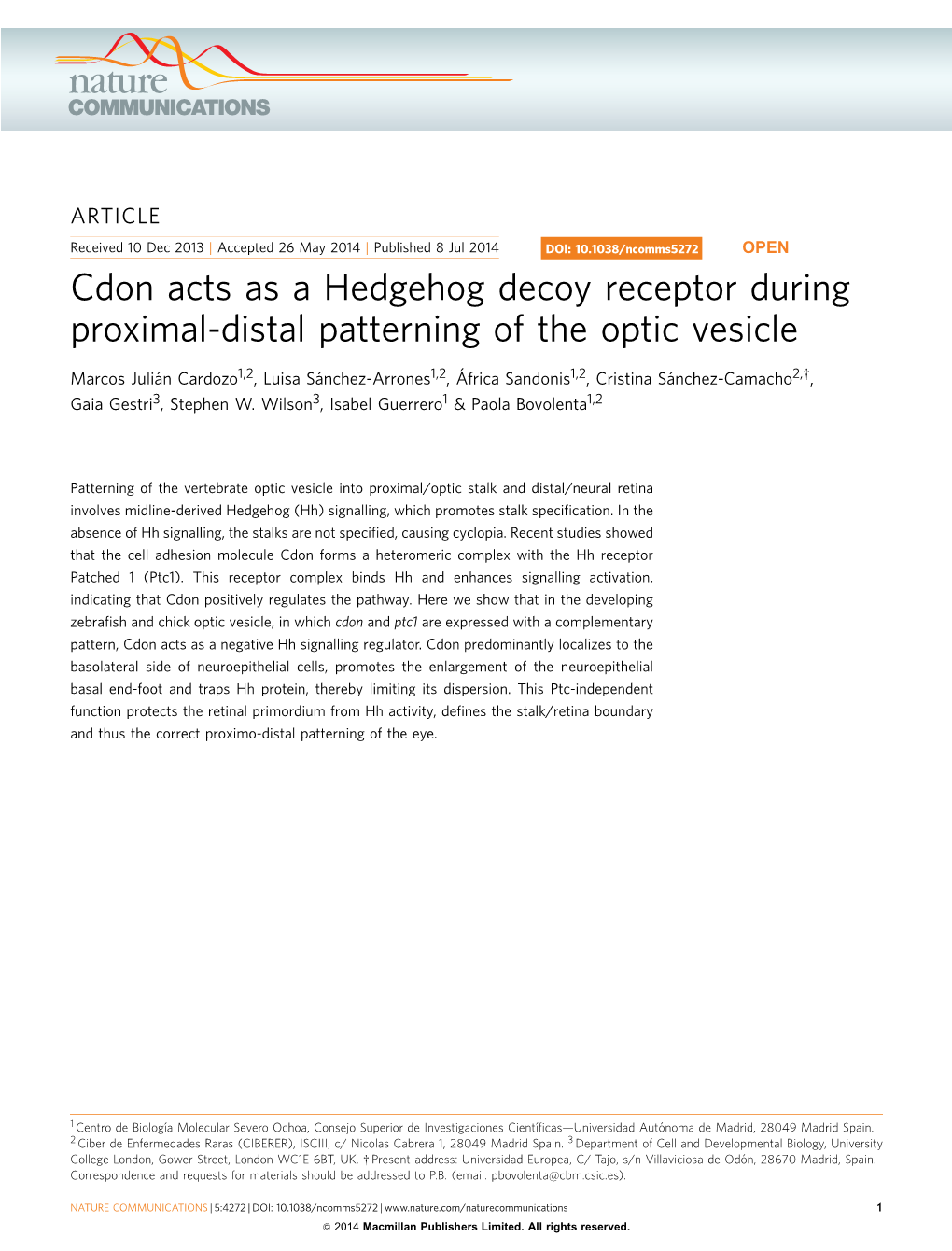 Cdon Acts As a Hedgehog Decoy Receptor During Proximal-Distal Patterning of the Optic Vesicle