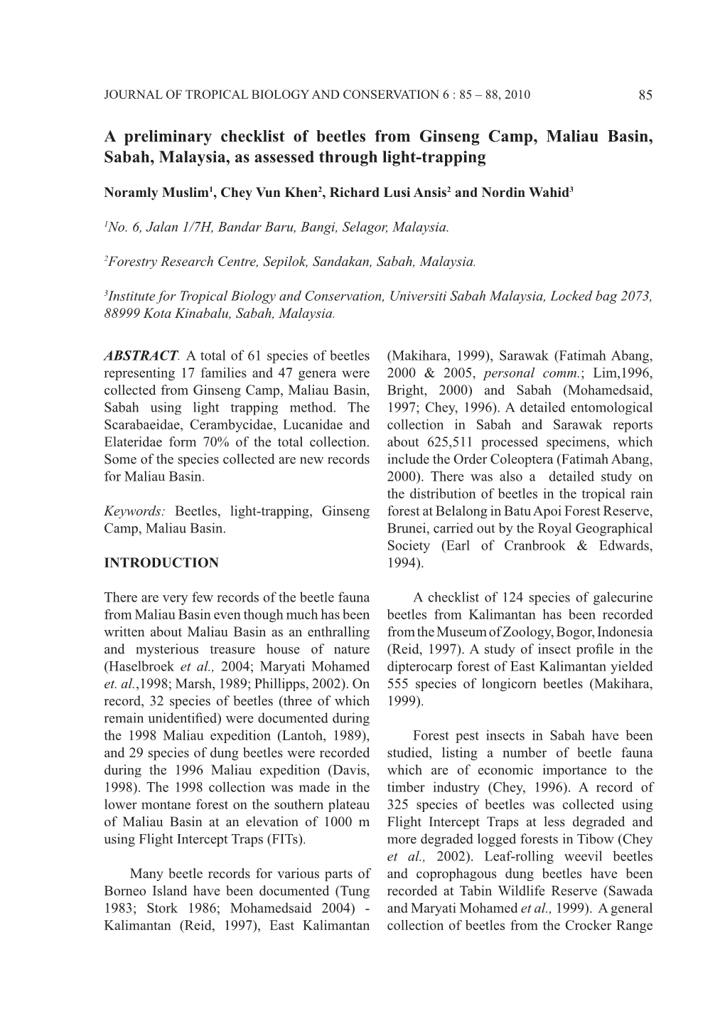 A Preliminary Checklist of Beetles from Ginseng Camp, Maliau Basin, Sabah, Malaysia, As Assessed Through Light-Trapping